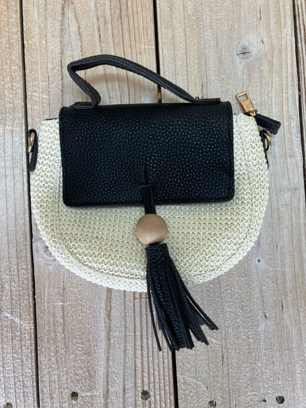 Black and Cream Bag with Tassel Accent